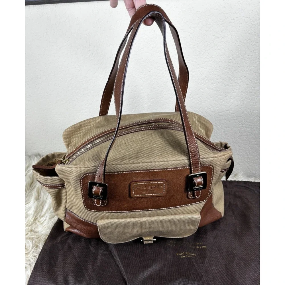 Kate Spade Stevie Baby Satchel Tan Canvas‎ Brown Trim Utility Bag Chic